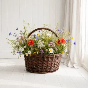 Håndflettet kurv med farverige markblomster