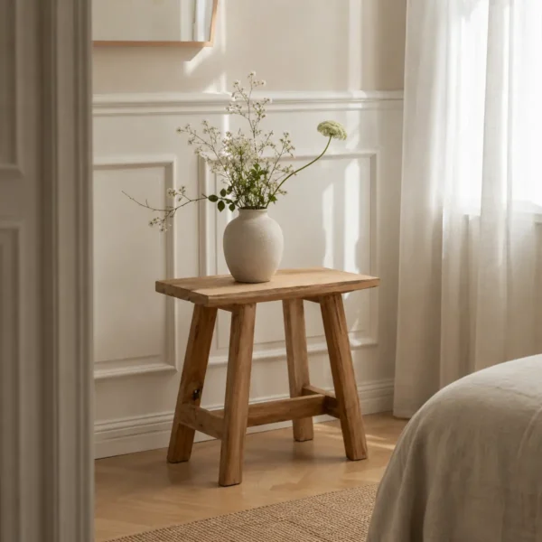 Teak bænk med vase og blomster Teak bænk i genbrugstræ stylet med vase og blomster i lys nordisk indretning
