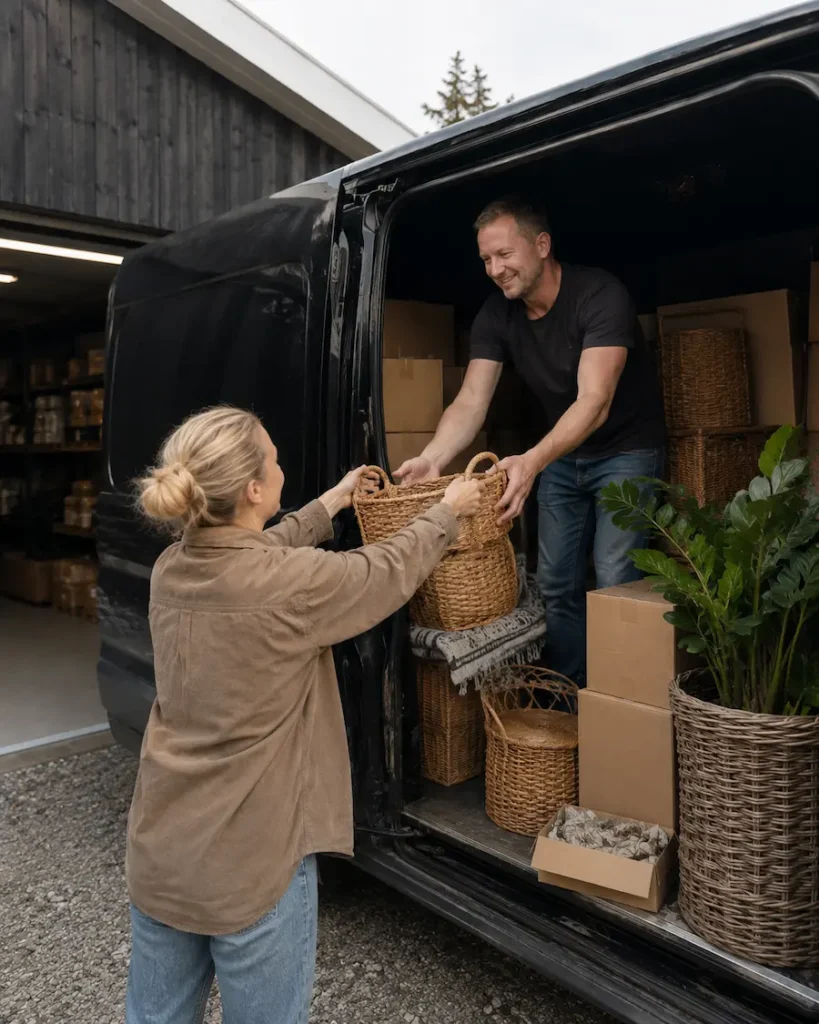 To medarbejder overrækker kurv fra varebil
