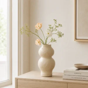 Beige keramisk vase med lyse blomster i et lyst og nordisk hjemmemiljø