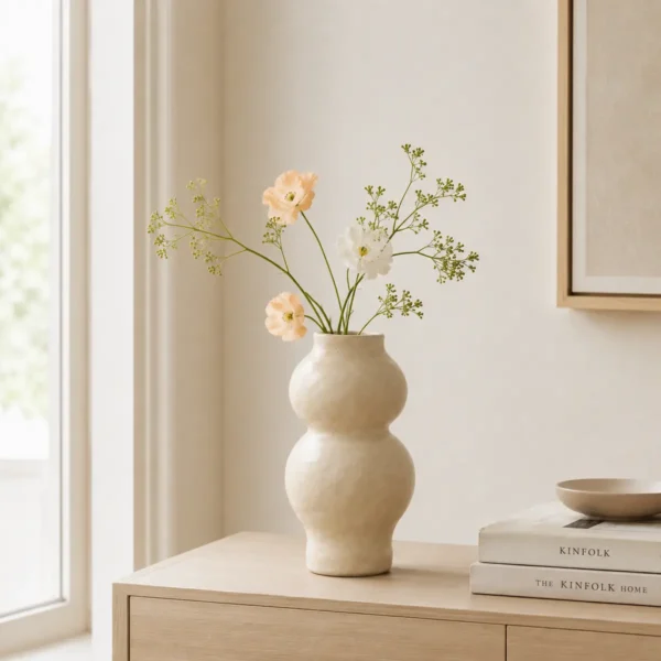 Vase keramik beige med blomster Beige keramisk vase med lyse blomster i et lyst og nordisk hjemmemiljø